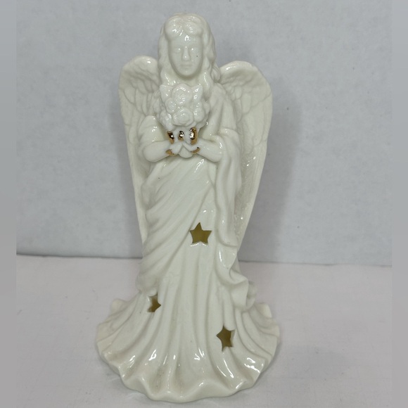 Angel Holding Bouquet Tea Light Holder White and Gold Ceramic  Christmas Decor - Picture 1 of 5